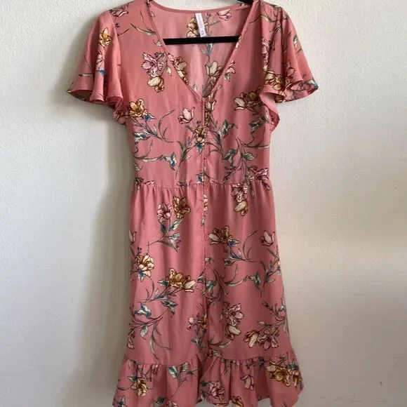 Xhilaration Women's Floral Print Short Sleeve V-Neck Button-Down Dress M pink - Picture 7 of 12